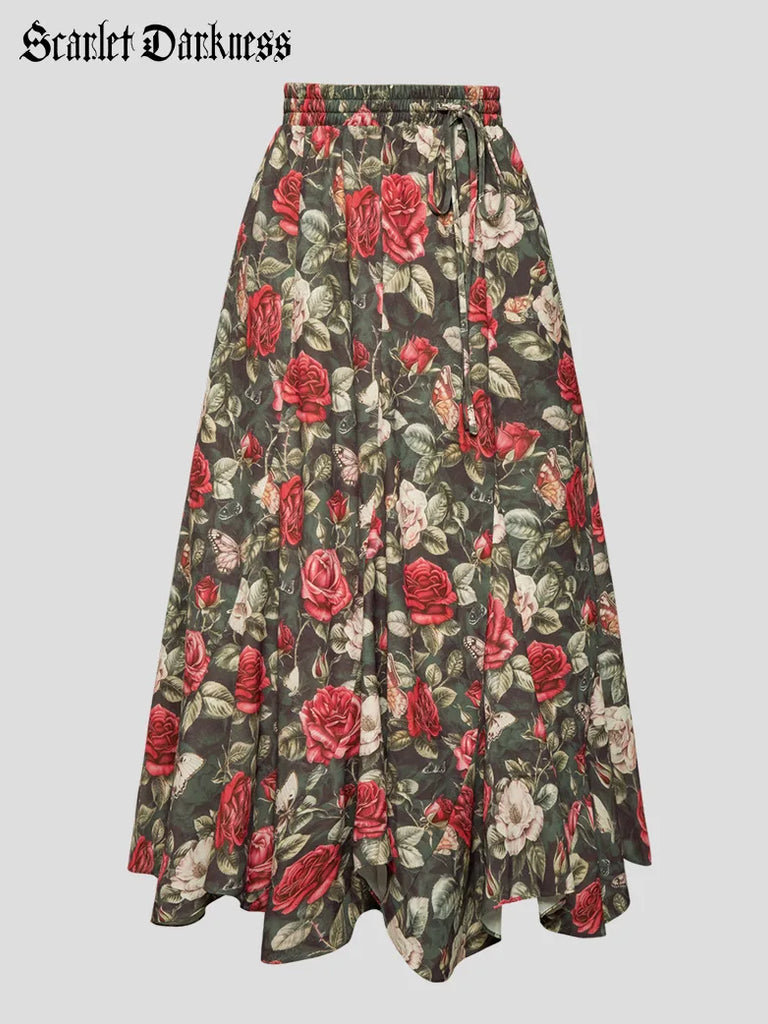 Women Renaissance Pocket Skirt String Swing Maxi Skirt SCARLET DARKNESS