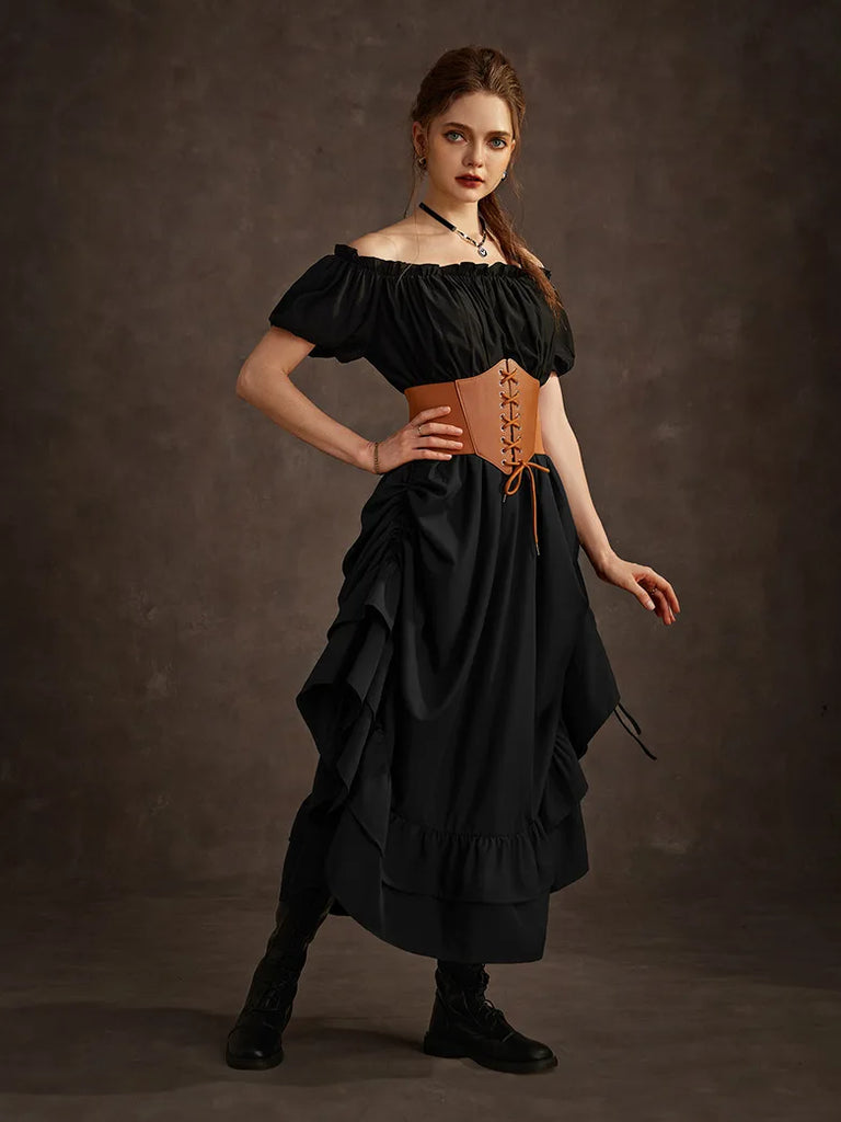 Women Punk Skirts Ruffled High-Low 3 Ways Drawstring Skirt SCARLET DARKNESS