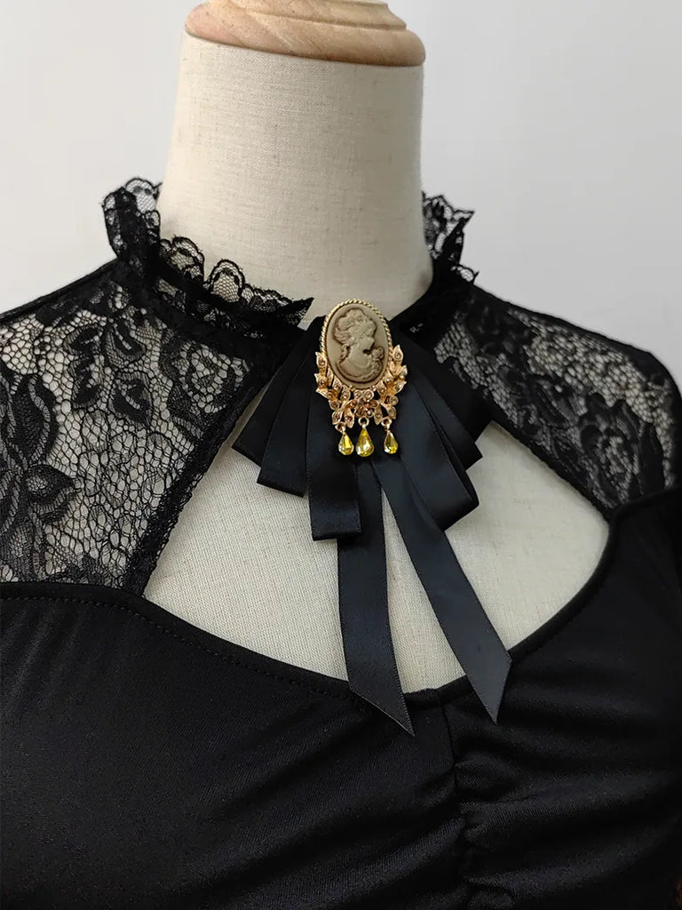 1850s Victorian Black Pre-Tied Neck Tie Brooch SCARLET DARKNESS