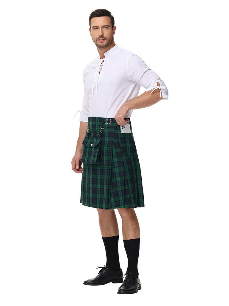 Scottish Mens Tartan Utility Kilt Pleated Midi Skirt with Bag SCARLET DARKNESS