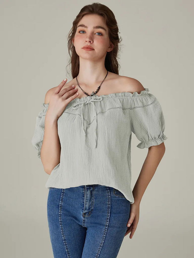 Renaissance Cotton Tops Crew Neck Off Shoulder Lace-up Tops SCARLET DARKNESS