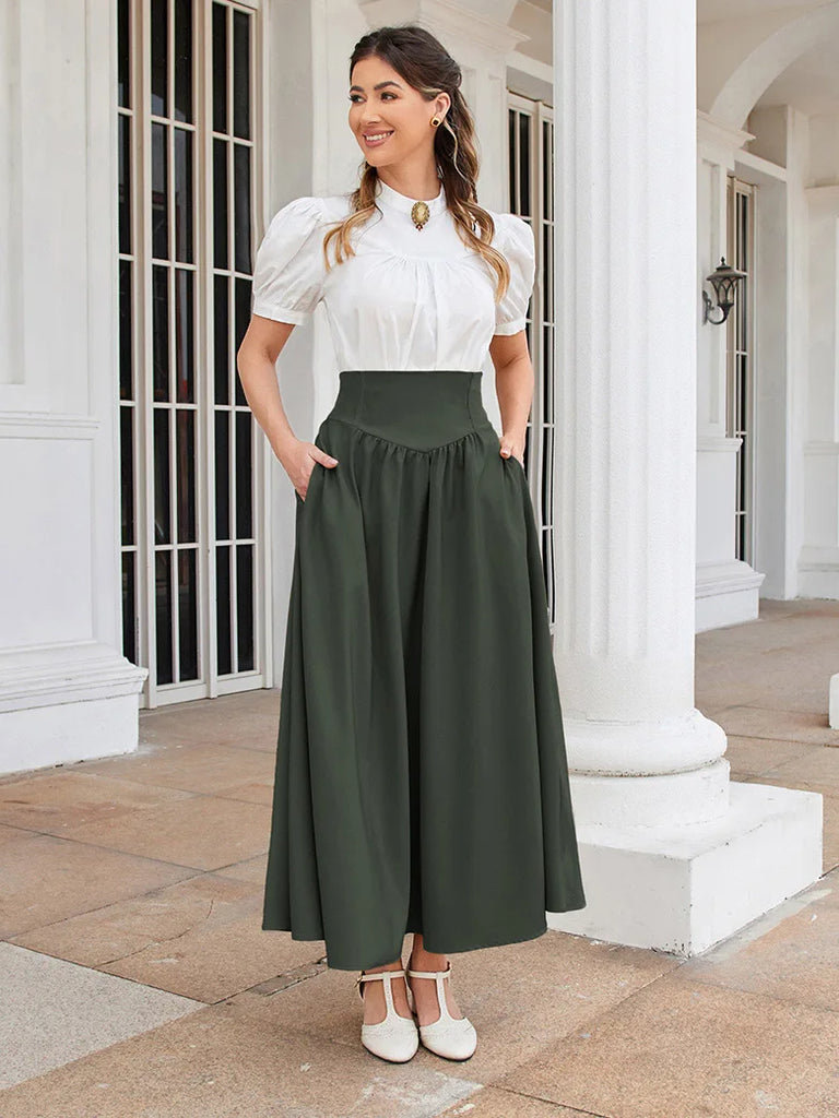 Women Renaissance Elastic High Waist Swing Skirt with Pockets SCARLET DARKNESS