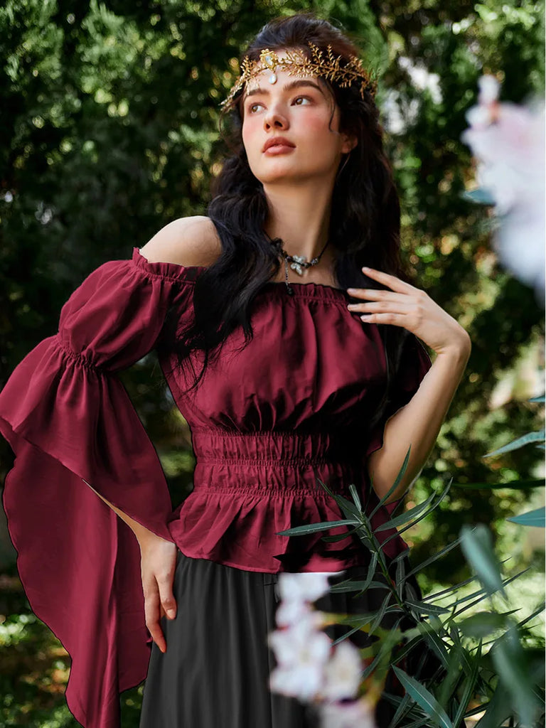 Renaissance Off-Shoulder Shirts Tops with Waterfall Openings SCARLET DARKNESS