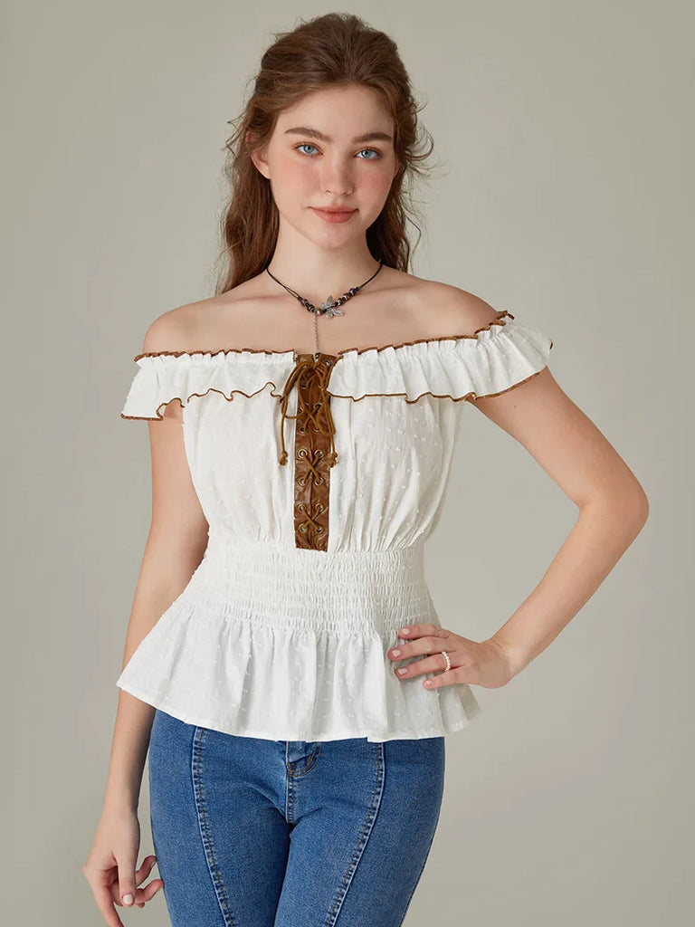 Renaissance Cotton Tops Off Shoulder Smocked Bodice Tops SCARLET DARKNESS