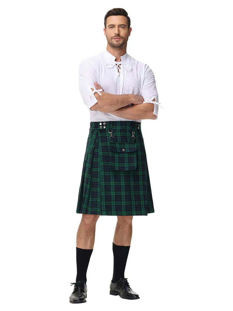 Scottish Mens Tartan Utility Kilt Pleated Midi Skirt with Bag SCARLET DARKNESS