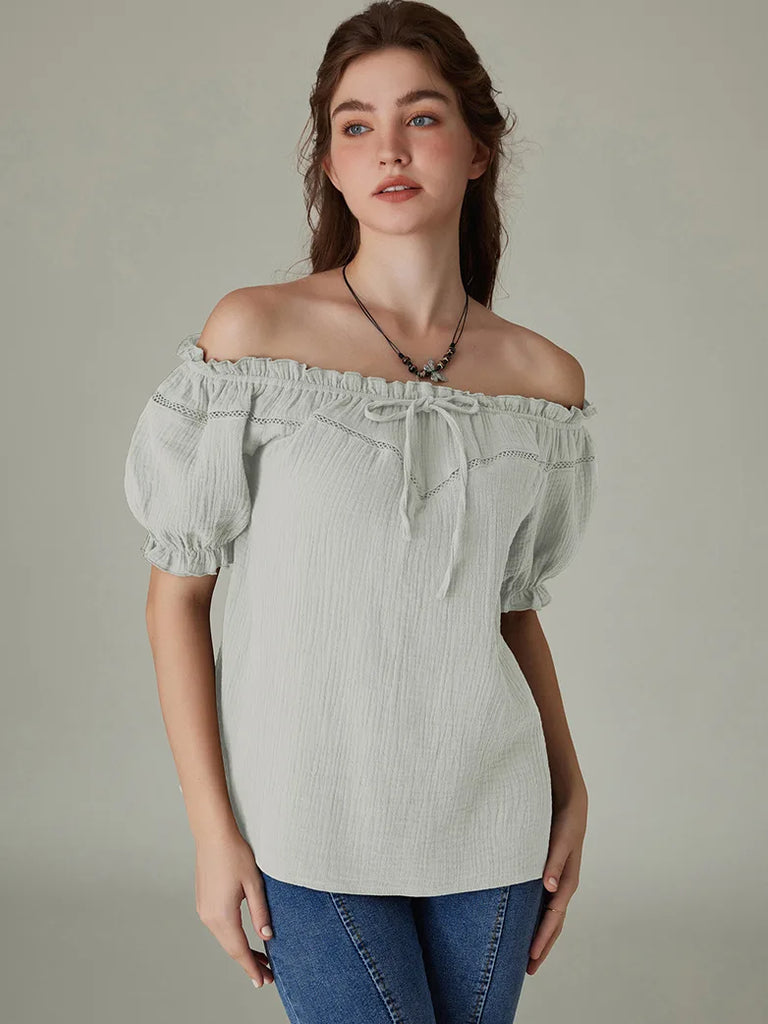 Renaissance Cotton Tops Crew Neck Off Shoulder Lace-up Tops SCARLET DARKNESS