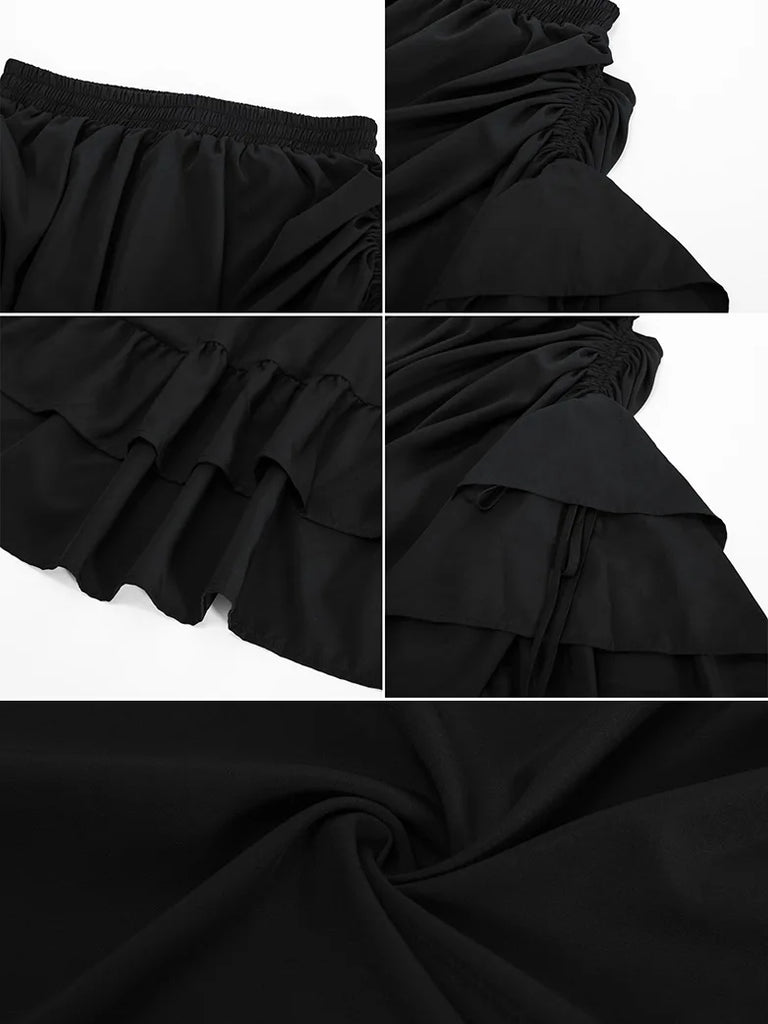 Women Punk Skirts Ruffled High-Low 3 Ways Drawstring Skirt SCARLET DARKNESS