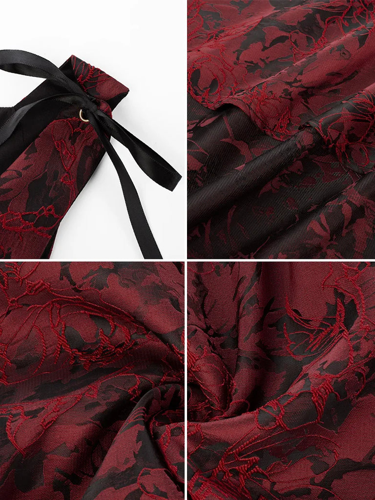 Women Victorian Gothic High-Lo Dress Jacquard Thorn Rose Dress SCARLET DARKNESS