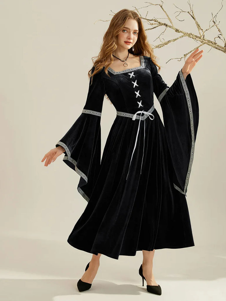 Women Royal Velvet Long Sleeve Square Neck Maxi Dress SCARLET DARKNESS