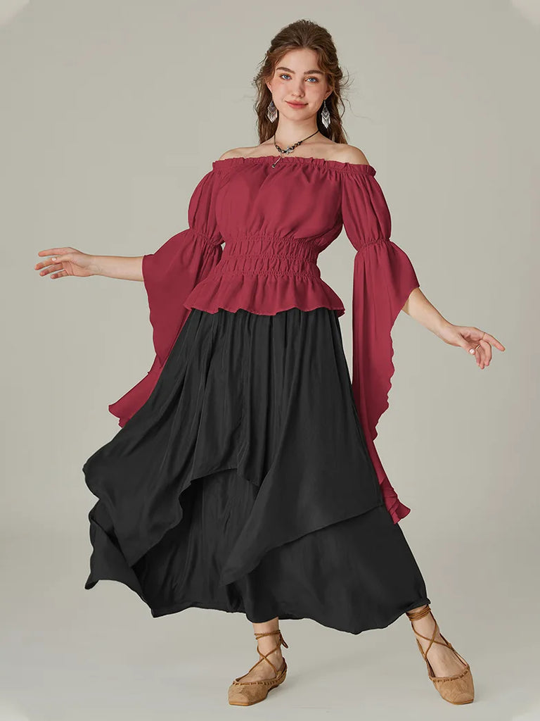 Renaissance Off-Shoulder Shirts Tops with Waterfall Openings SCARLET DARKNESS