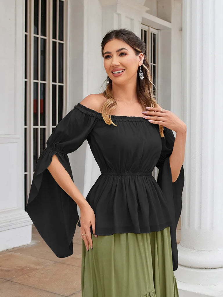 Women Chiffon Tops Slit Sleeve Off Shoulder Tops SCARLET DARKNESS