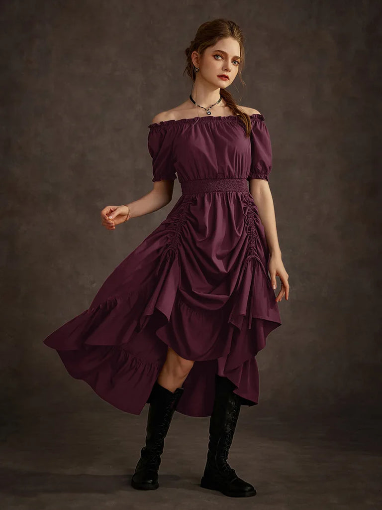 Steampunk Costume Off Shoulder Dress+Under-Bust Vest SCARLET DARKNESS