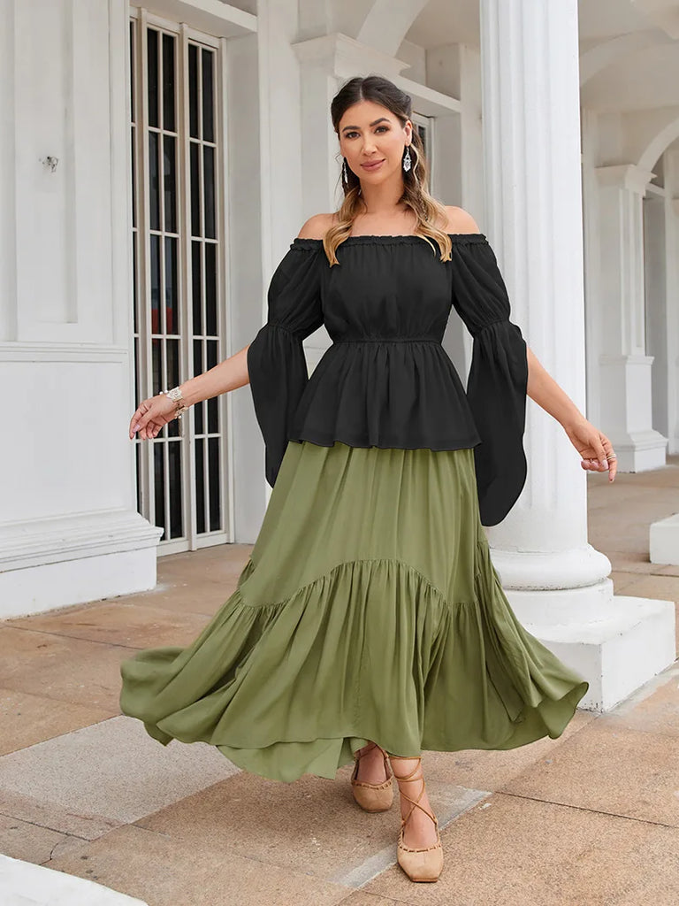 Women Chiffon Tops Slit Sleeve Off Shoulder Tops SCARLET DARKNESS