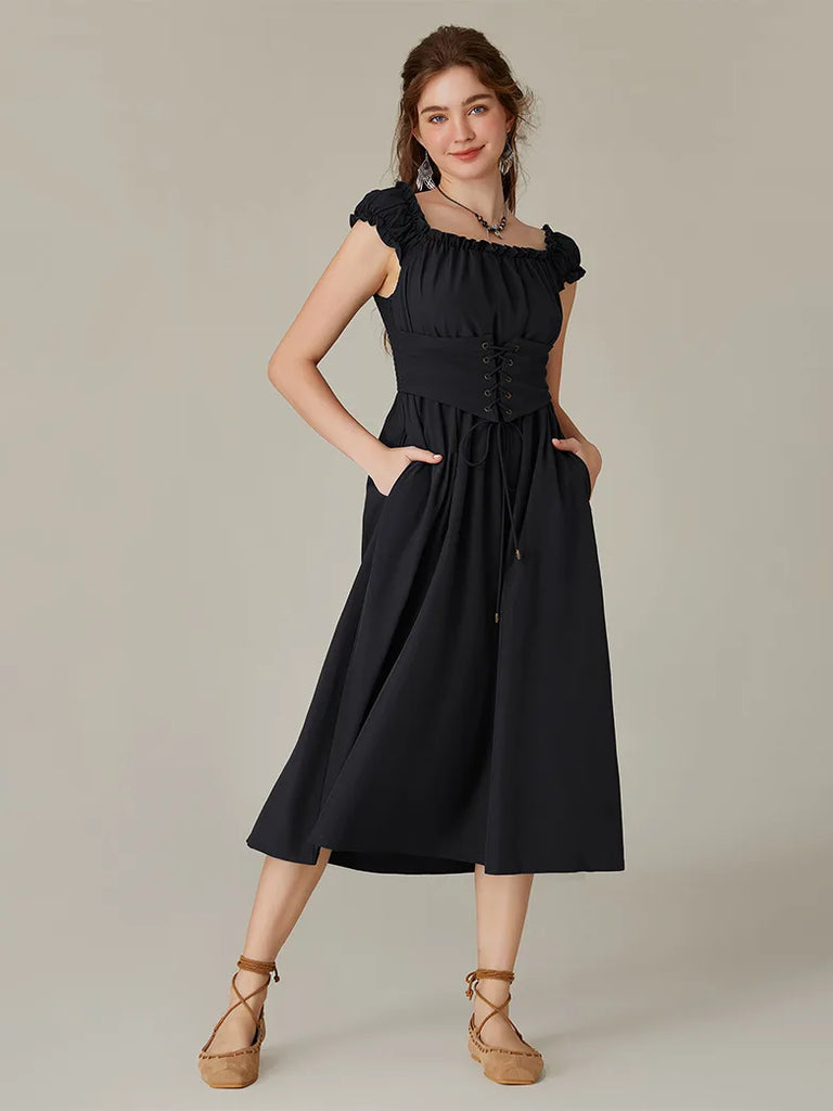 Women Formal Elastic Straps Pocket Dress with Waistband SCARLET DARKNESS