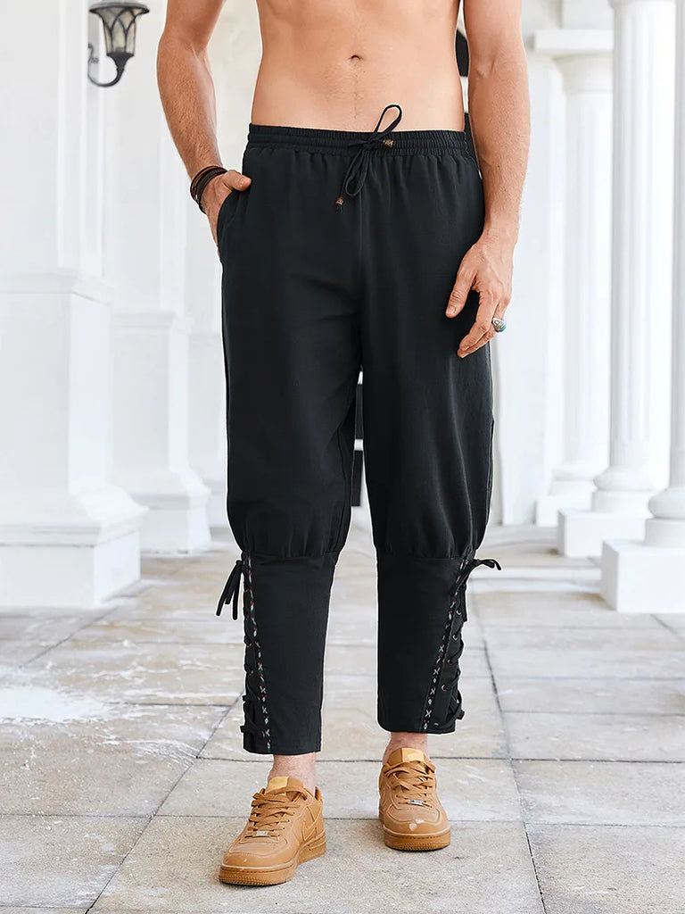 Men Renaissance Pants Embroidery Lace-up Leg Opening Capris SCARLET DARKNESS