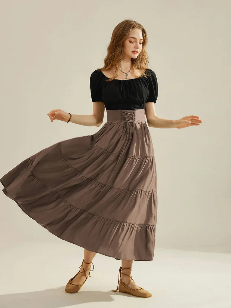 Women Renaissance Tiered Swing Skirt with Pocket SCARLET DARKNESS