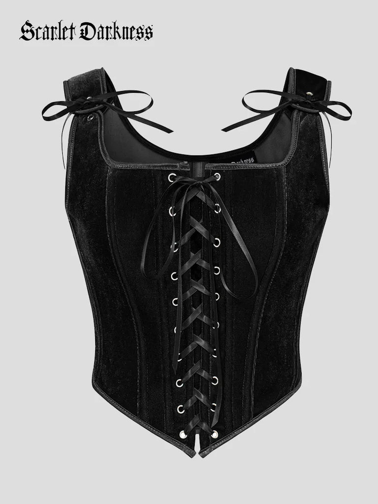 Victorian Velvet Corset 12 Bones Lace-up Front Vest SCARLET DARKNESS