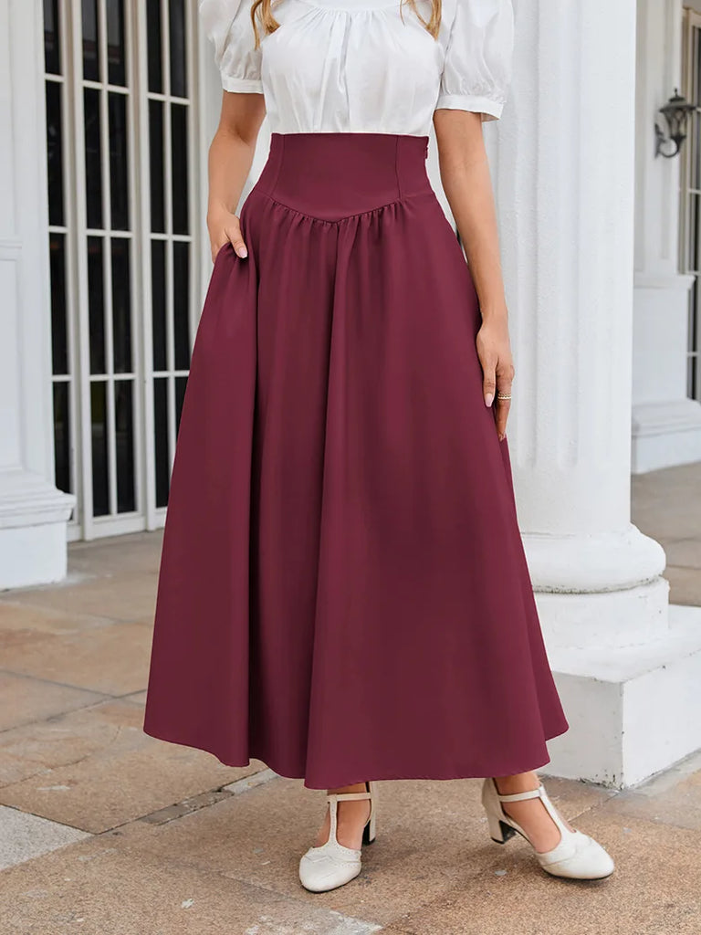 Women Renaissance Elastic High Waist Swing Skirt with Pockets SCARLET DARKNESS