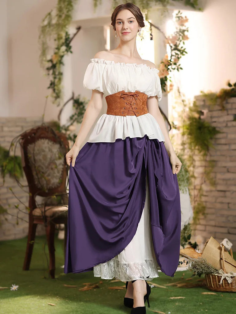 Renaissance Elastic Waist Double-Layer Lace Hem Long Skirts SCARLET DARKNESS