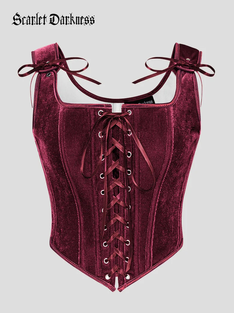 Victorian Velvet Corset 12 Bones Lace-up Front Vest SCARLET DARKNESS