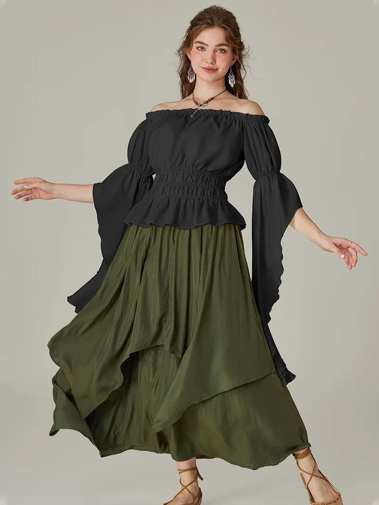 Renaissance Off-Shoulder Shirts Tops with Waterfall Openings SCARLET DARKNESS