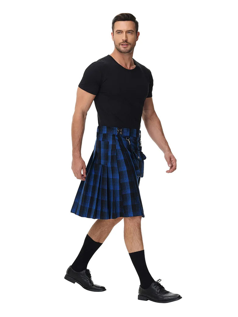 Scottish Mens Tartan Utility Kilt Pleated Midi Skirt with Bag SCARLET DARKNESS