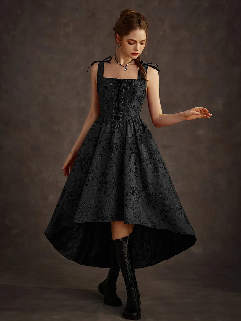 Women Victorian Gothic High-Lo Dress Jacquard Thorn Rose Dress SCARLET DARKNESS