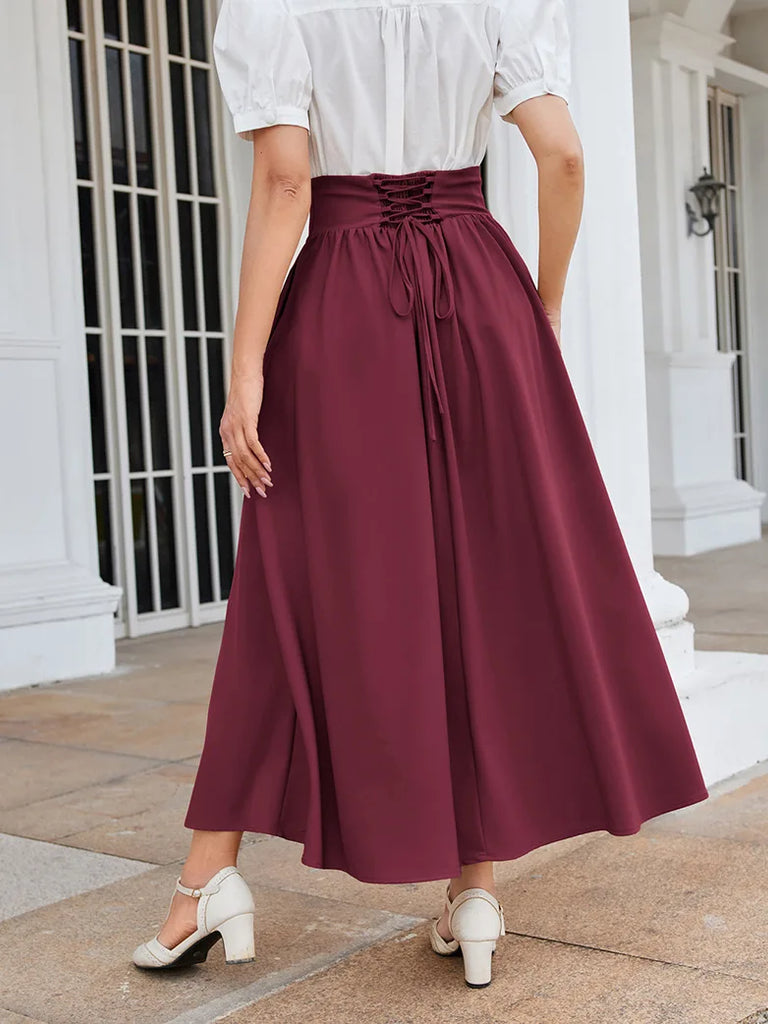 Women Renaissance Elastic High Waist Swing Skirt with Pockets SCARLET DARKNESS