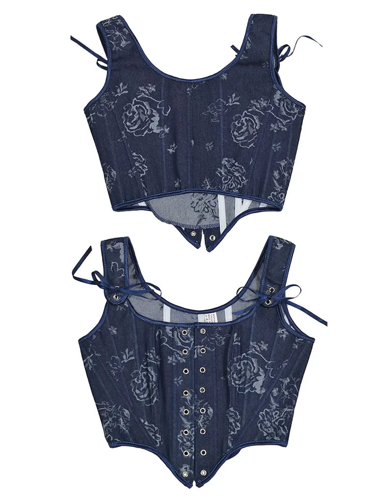 Women Vintage Denim Blue Printed Lace-Up Corset SCARLET DARKNESS