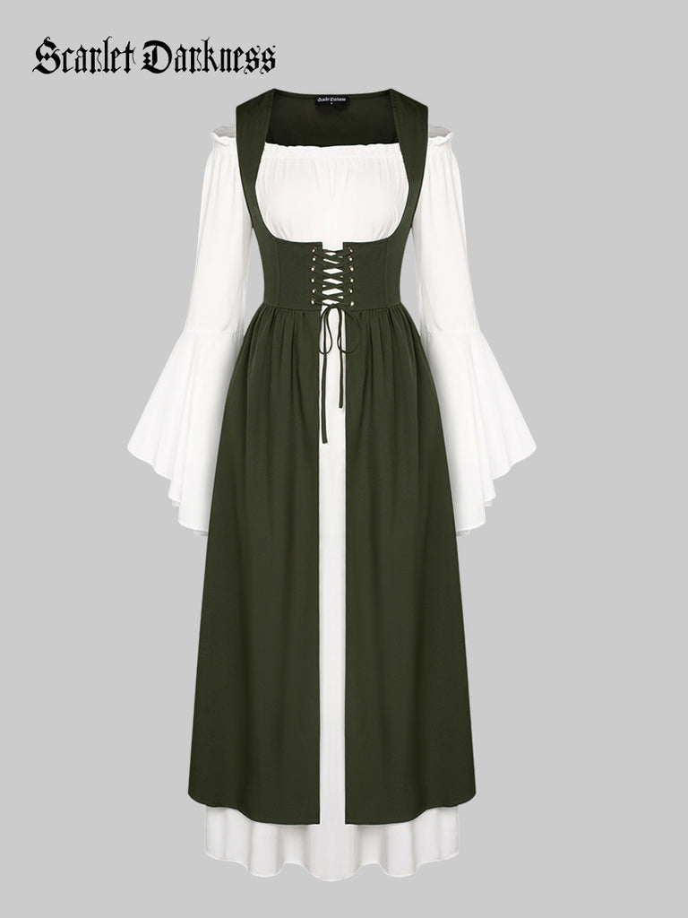 Bell Sleeve Off Shoulder Renaissance Costume+Lace-up Vest SCARLET DARKNESS