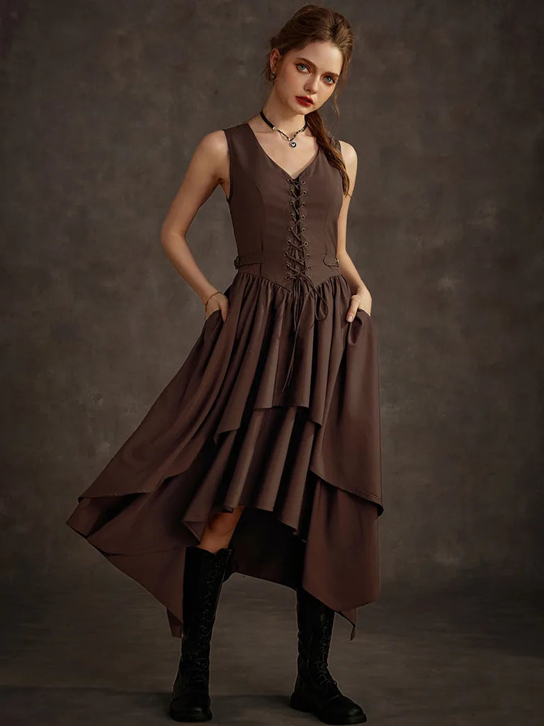 Steampunk Irregular Layered Hem Pirate A-Line Dress SCARLET DARKNESS