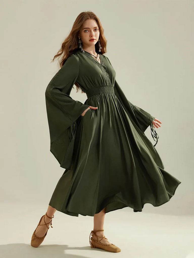 Ren Faire Rayon Pleated Bell Sleeves Elastic Waist Pocket Dress