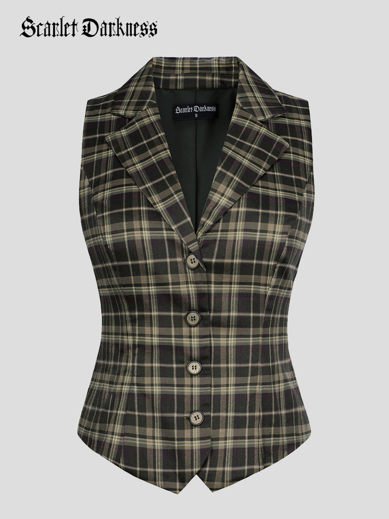 Women Renaissance Lapel Handkerchief Hem Plaid Vest SCARLET DARKNESS