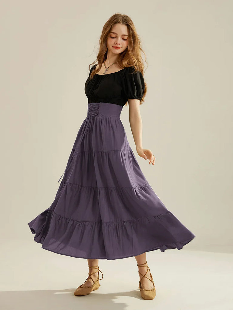 Women Renaissance Tiered Swing Skirt with Pocket SCARLET DARKNESS