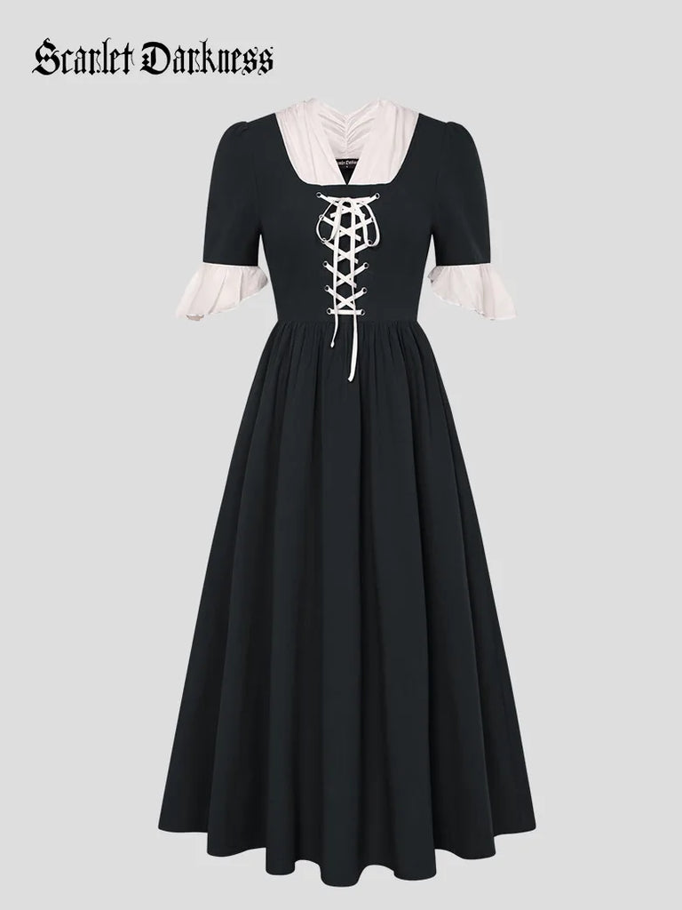 Women Colonial and Pioneer Lace up Maxi Dress with Pocket SCARLET DARKNESS