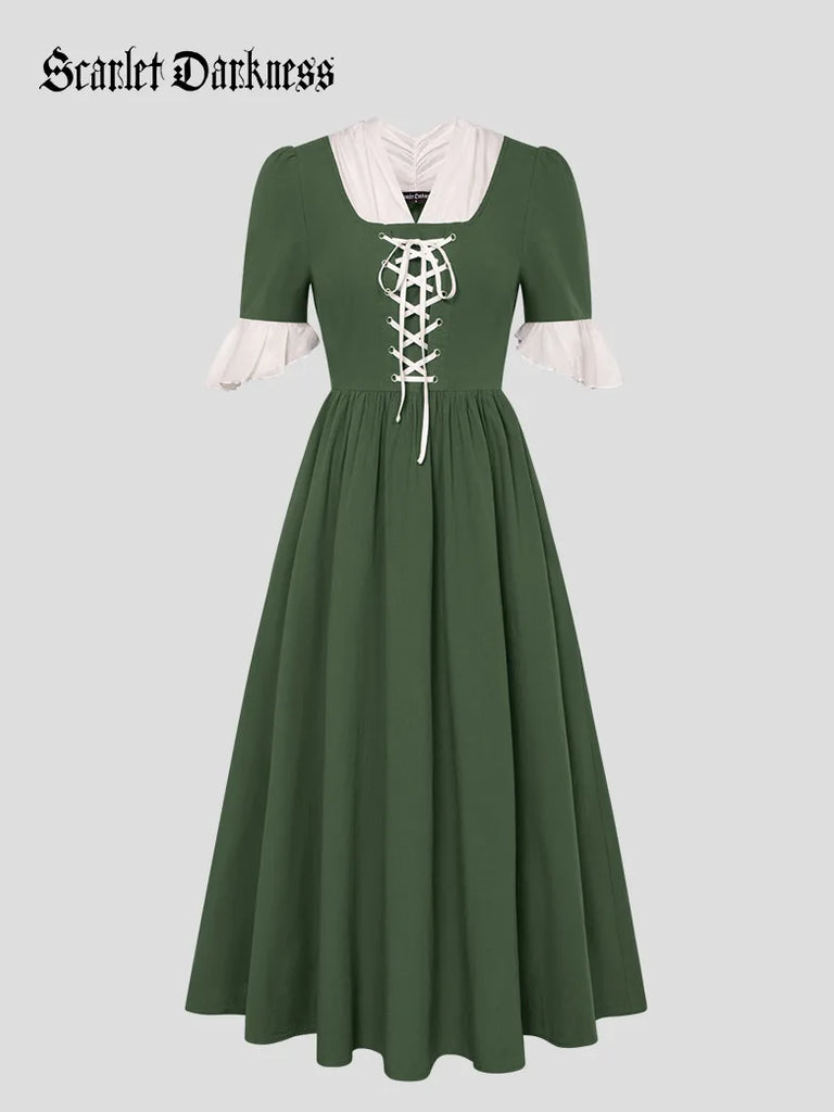 Women Colonial and Pioneer Lace up Maxi Dress with Pocket SCARLET DARKNESS