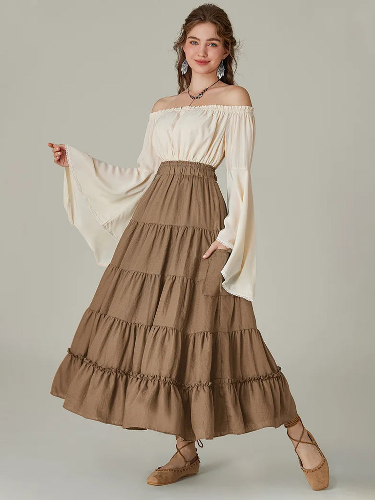 Women Renaissance Tiered Swing Comfy Skirt wIth Pocket SCARLET DARKNESS