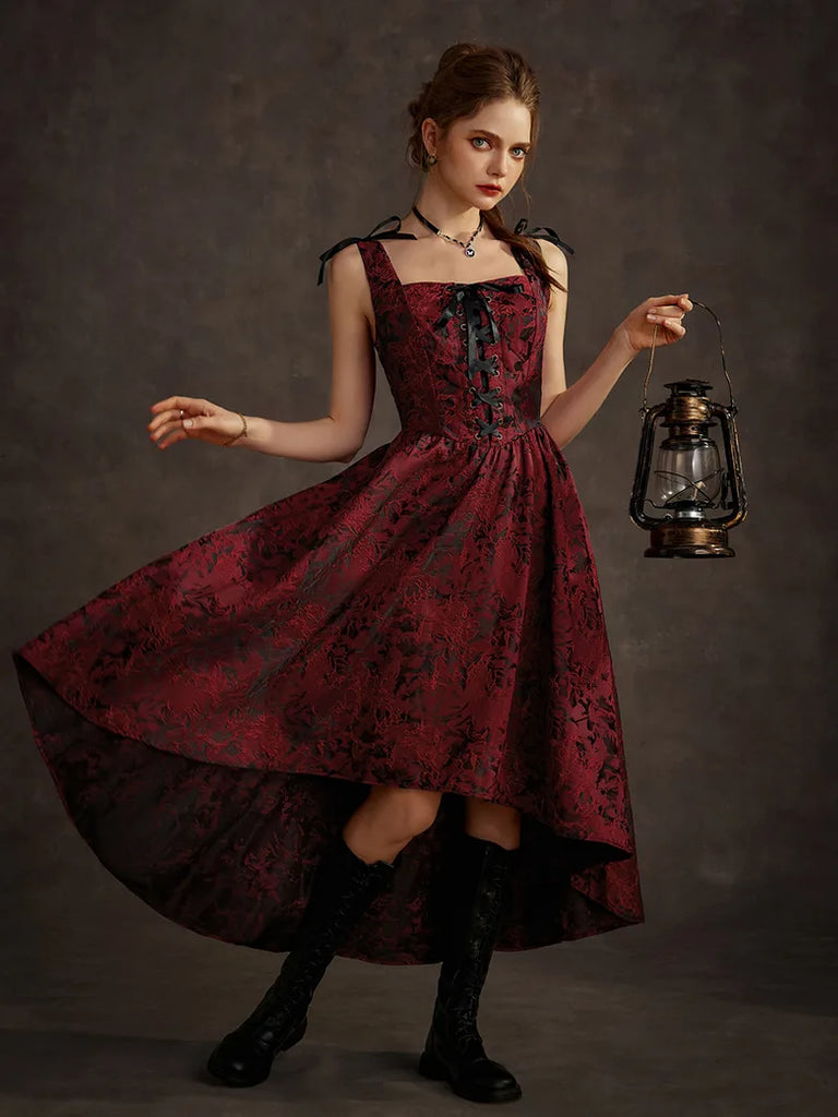 Women Victorian Gothic High-Lo Dress Jacquard Thorn Rose Dress SCARLET DARKNESS