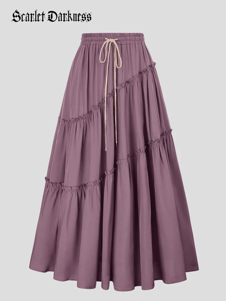 Women Pleated Tiered Swing Skirt Drawstring Waist Maxi Skirt SCARLET DARKNESS