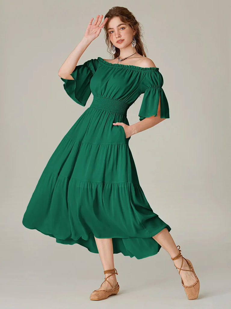 Women Elastic Off Shoulder Dress 1/2 Sleeve Dress with Pocket SCARLET DARKNESS