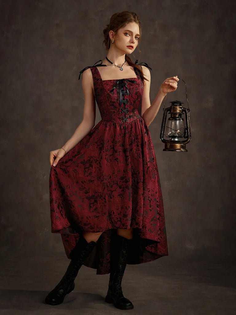 Women Victorian Gothic High-Lo Dress Jacquard Thorn Rose Dress SCARLET DARKNESS