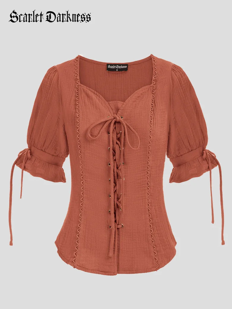 Sweetheart Collar Comfy Cotton Lacing Tops SCARLET DARKNESS