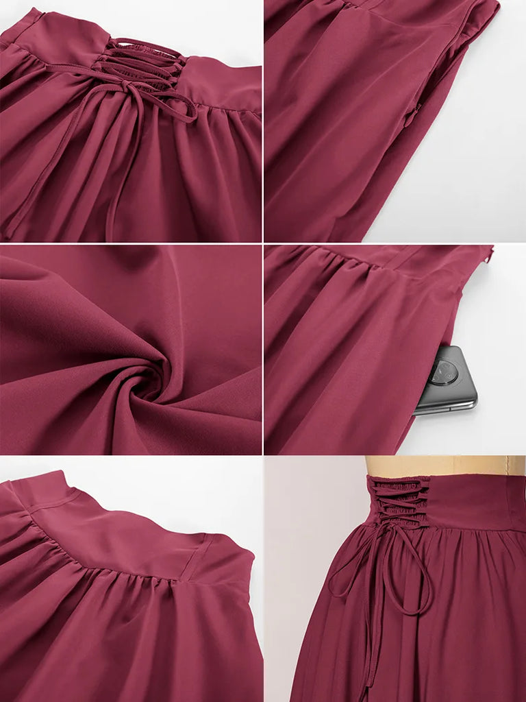 Women Renaissance Elastic High Waist Swing Skirt with Pockets SCARLET DARKNESS