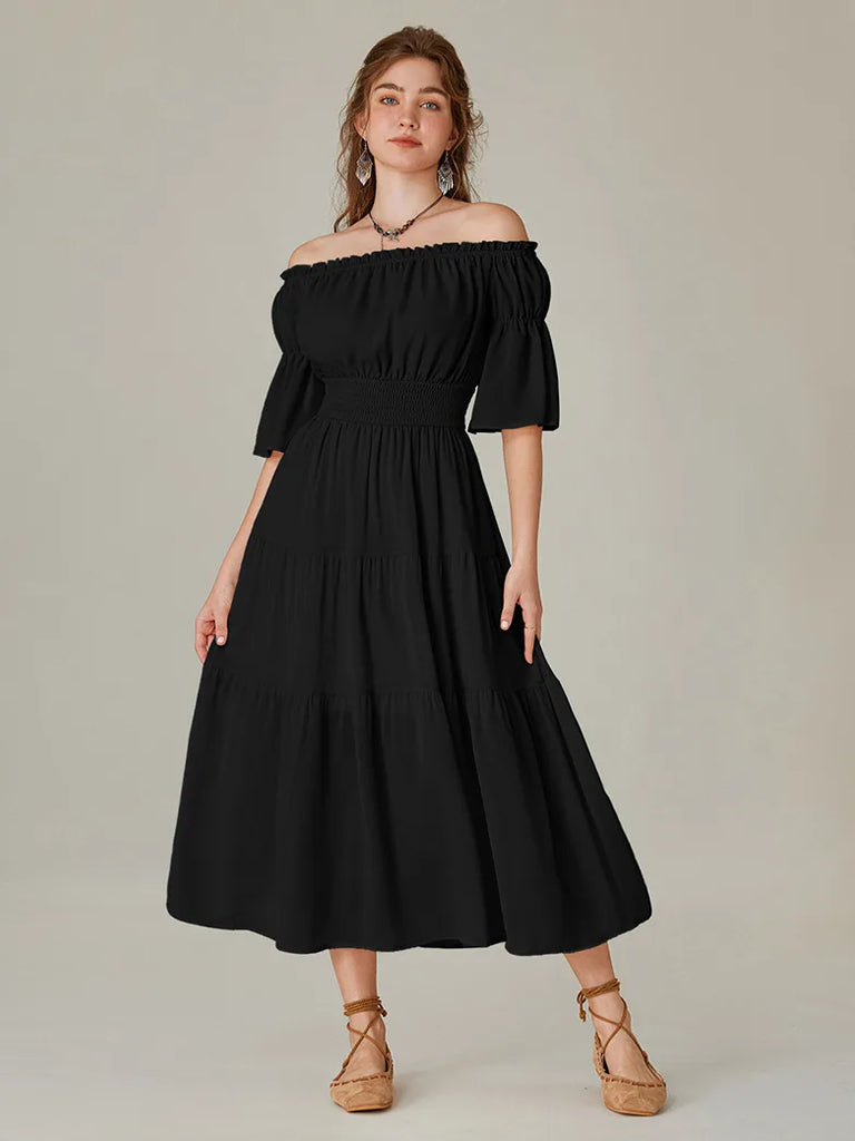 Women Elastic Off Shoulder Dress 1/2 Sleeve Dress with Pocket SCARLET DARKNESS