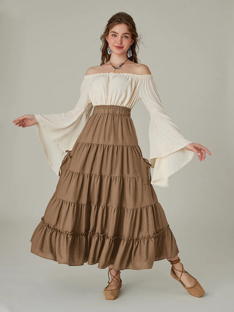 Women Renaissance Tiered Swing Comfy Skirt wIth Pocket SCARLET DARKNESS