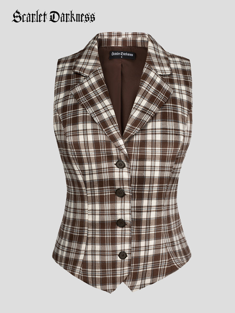 Women Renaissance Lapel Handkerchief Hem Plaid Vest SCARLET DARKNESS