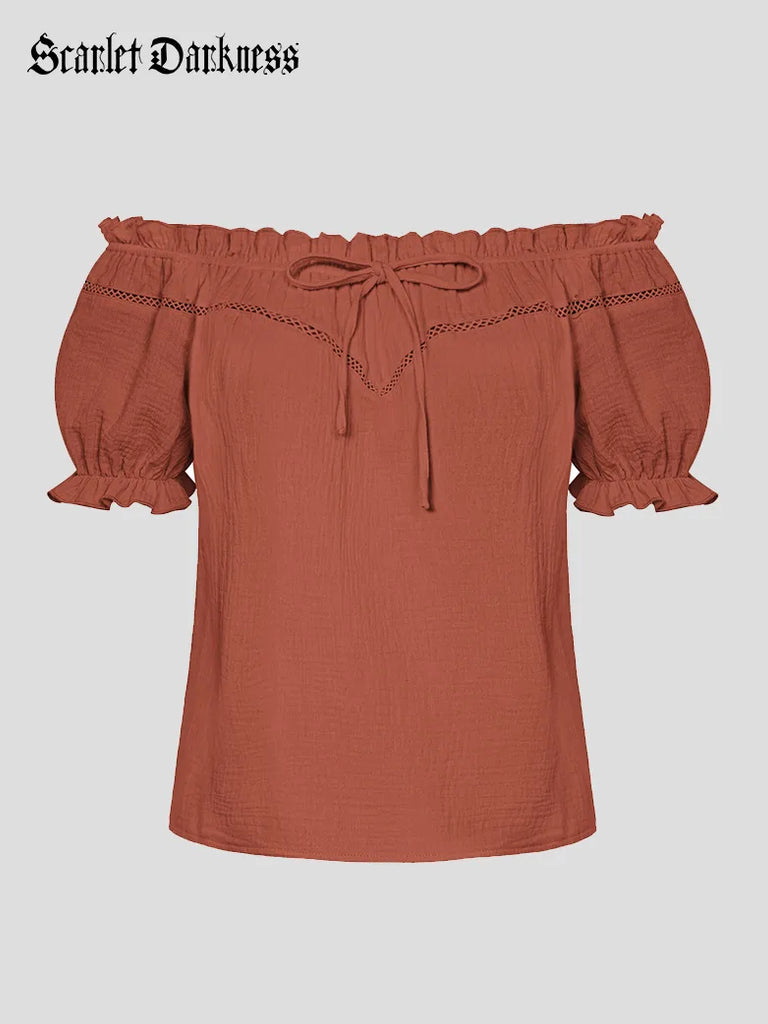 Renaissance Cotton Tops Crew Neck Off Shoulder Lace-up Tops SCARLET DARKNESS