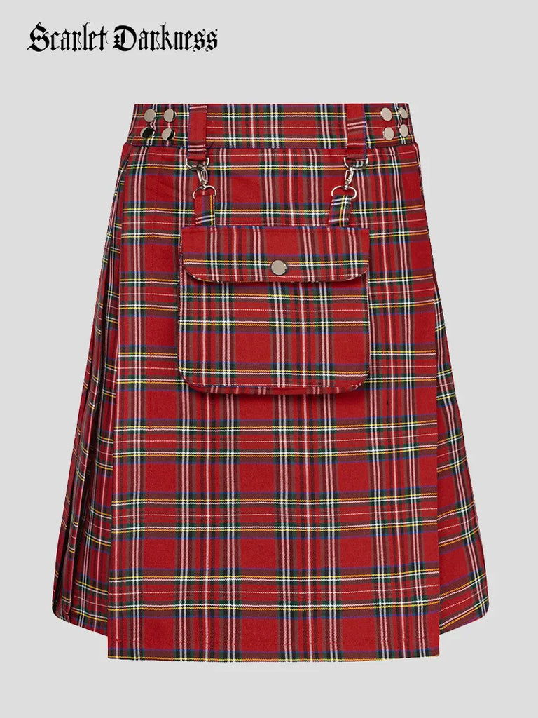 Scottish Mens Tartan Utility Kilt Pleated Midi Skirt with Bag SCARLET DARKNESS