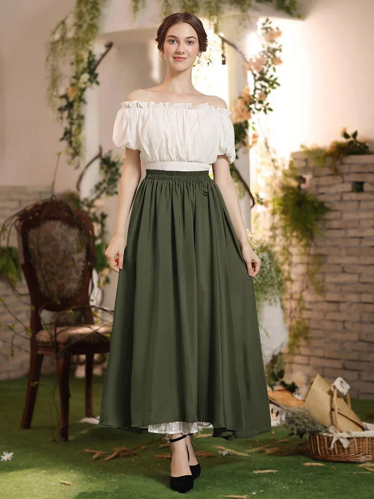 Renaissance Elastic Waist Double-Layer Lace Hem Long Skirts SCARLET DARKNESS