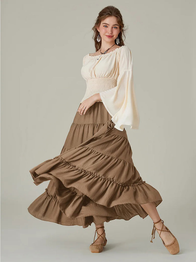 Women Renaissance Tiered Swing Comfy Skirt wIth Pocket SCARLET DARKNESS